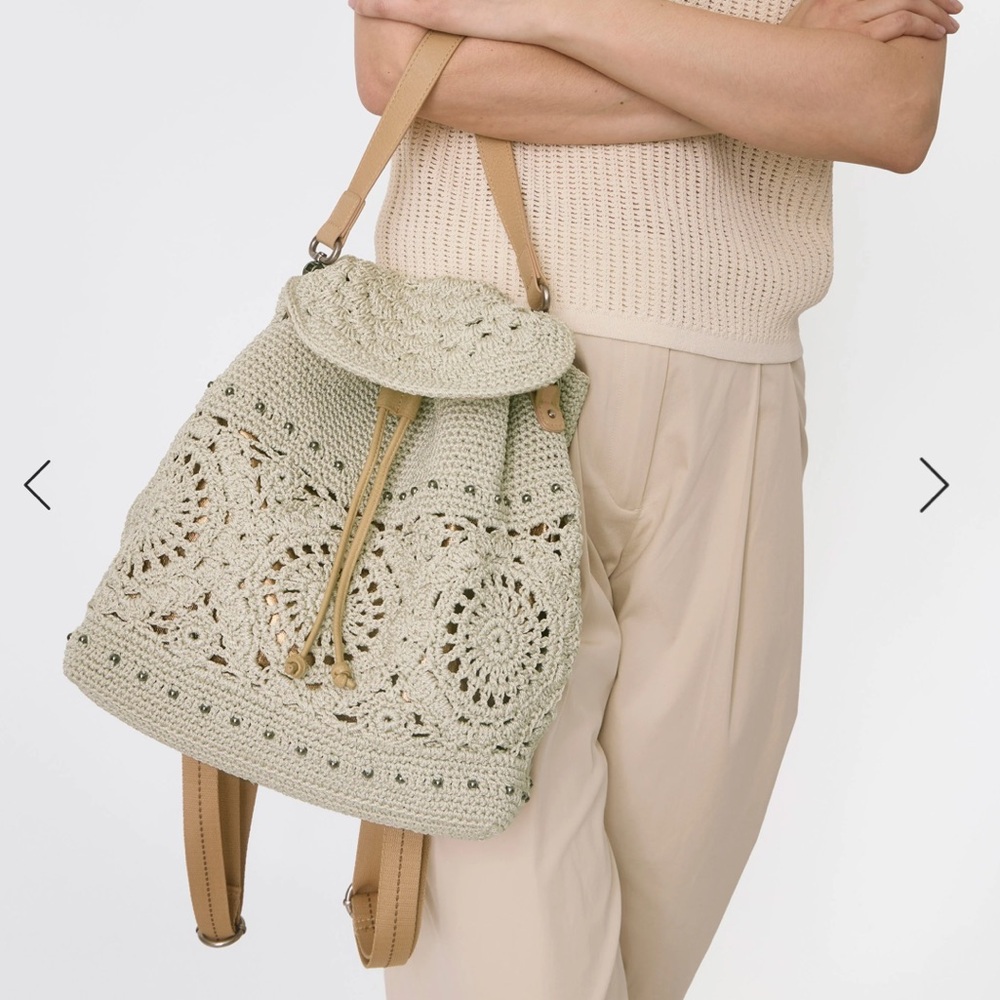The Sak Sayulita Backpack Crochet Drawstring with Tan Straps